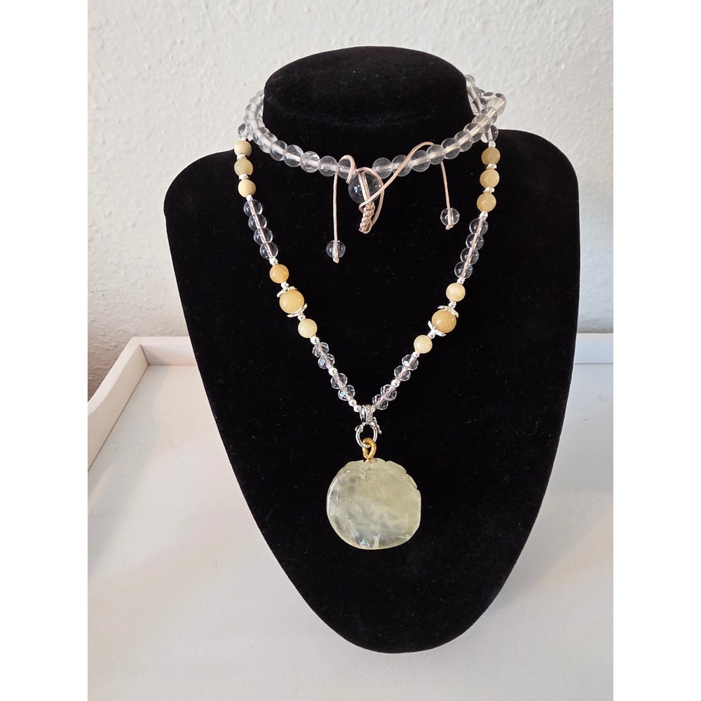 925 Sterling Silver Carved Jade Pendant Beaded Necklace Clear Quartz Citrine 30"